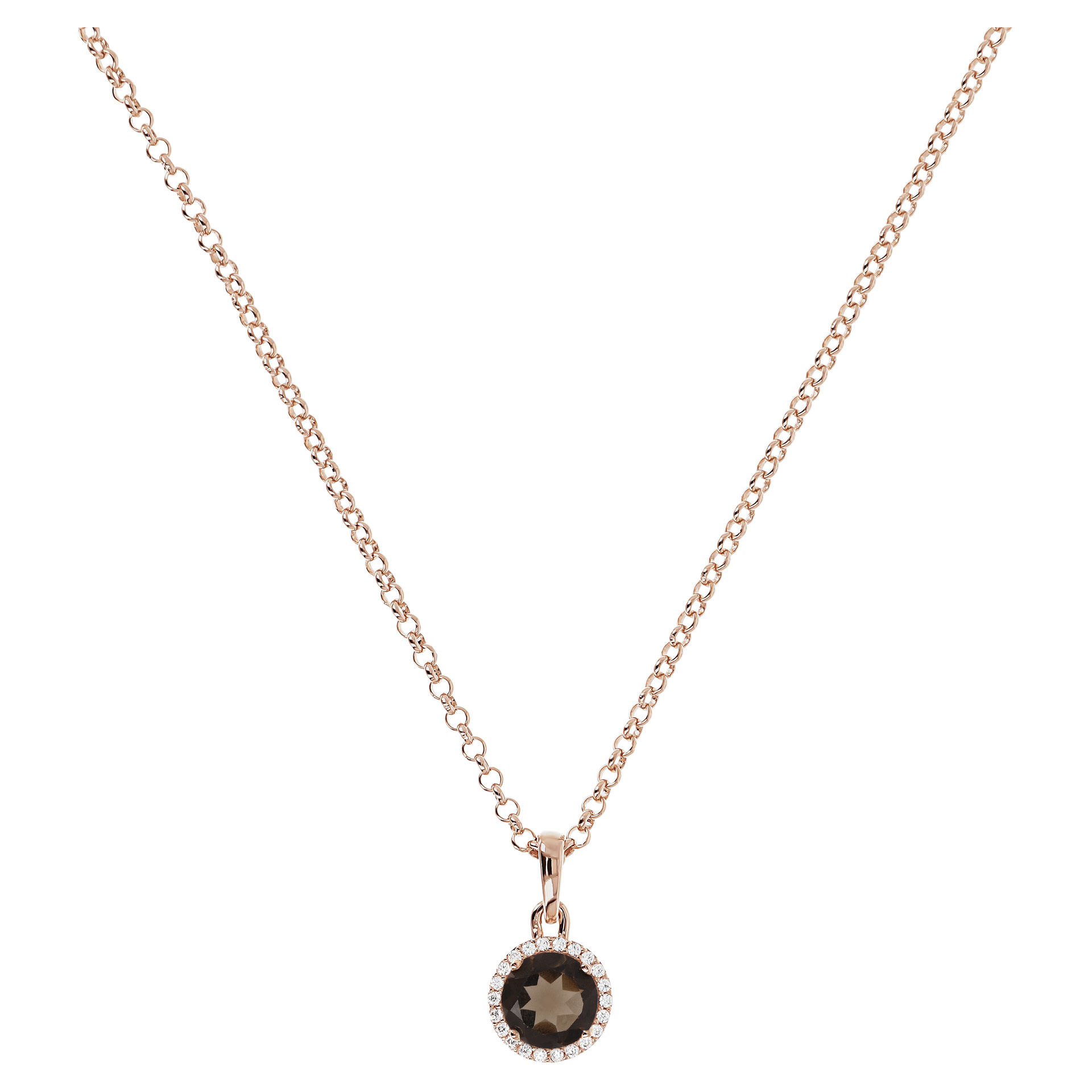 Collana Catena Rolo con Pendente Tondo in Quarzo Marrone e Cubic Zirconia