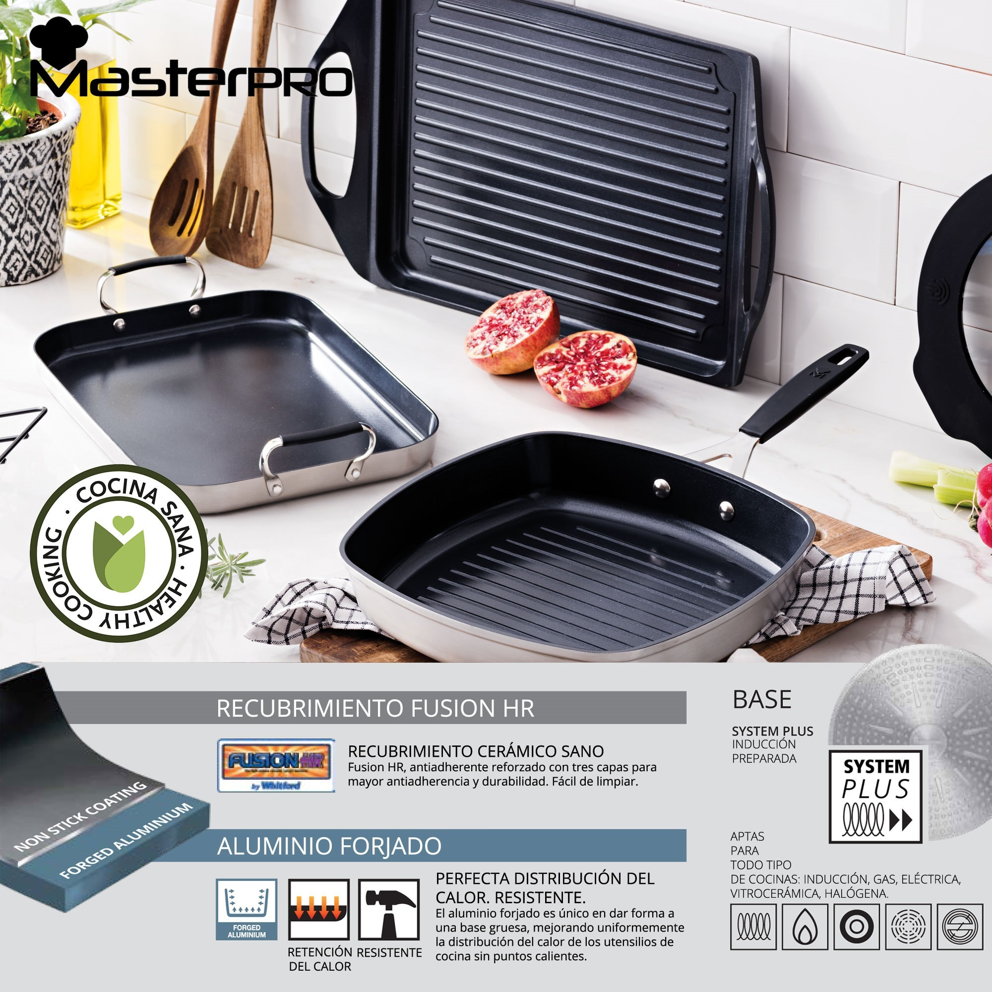 Sarten asador 28x28cm aluminio forjado inducción smart