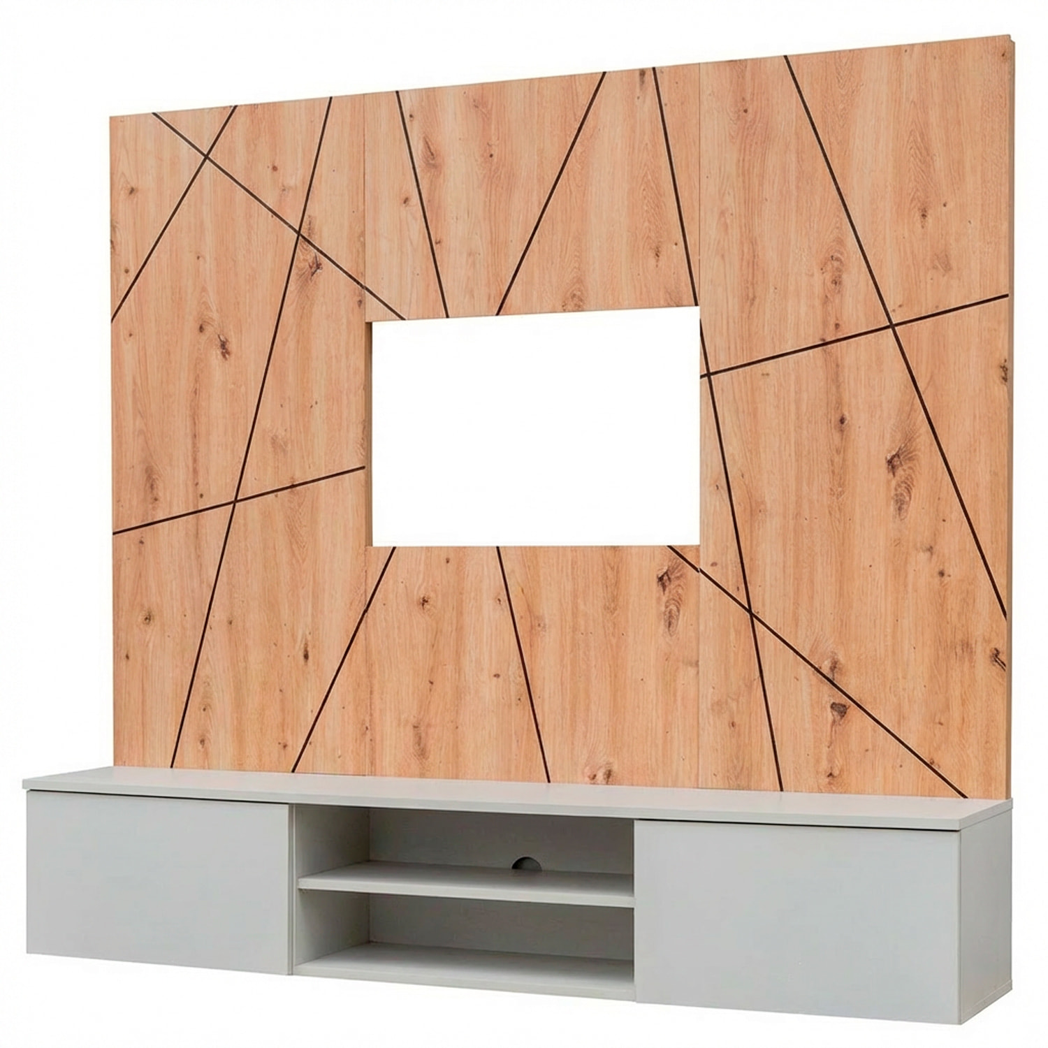 Parete Attrezzata Moderna Per Tv Con Pannello Design Geometrico 2 Ante Ribalta  E 1 Vano A Giorno Mobile 160 x 35 x 148 Cm Grigio E Rovere