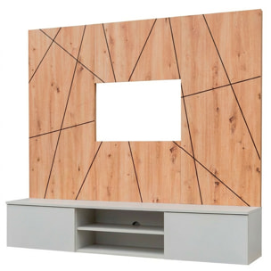 Parete Attrezzata Moderna Per Tv Con Pannello Design Geometrico 2 Ante Ribalta  E 1 Vano A Giorno Mobile 160 x 35 x 148 Cm Grigio E Rovere