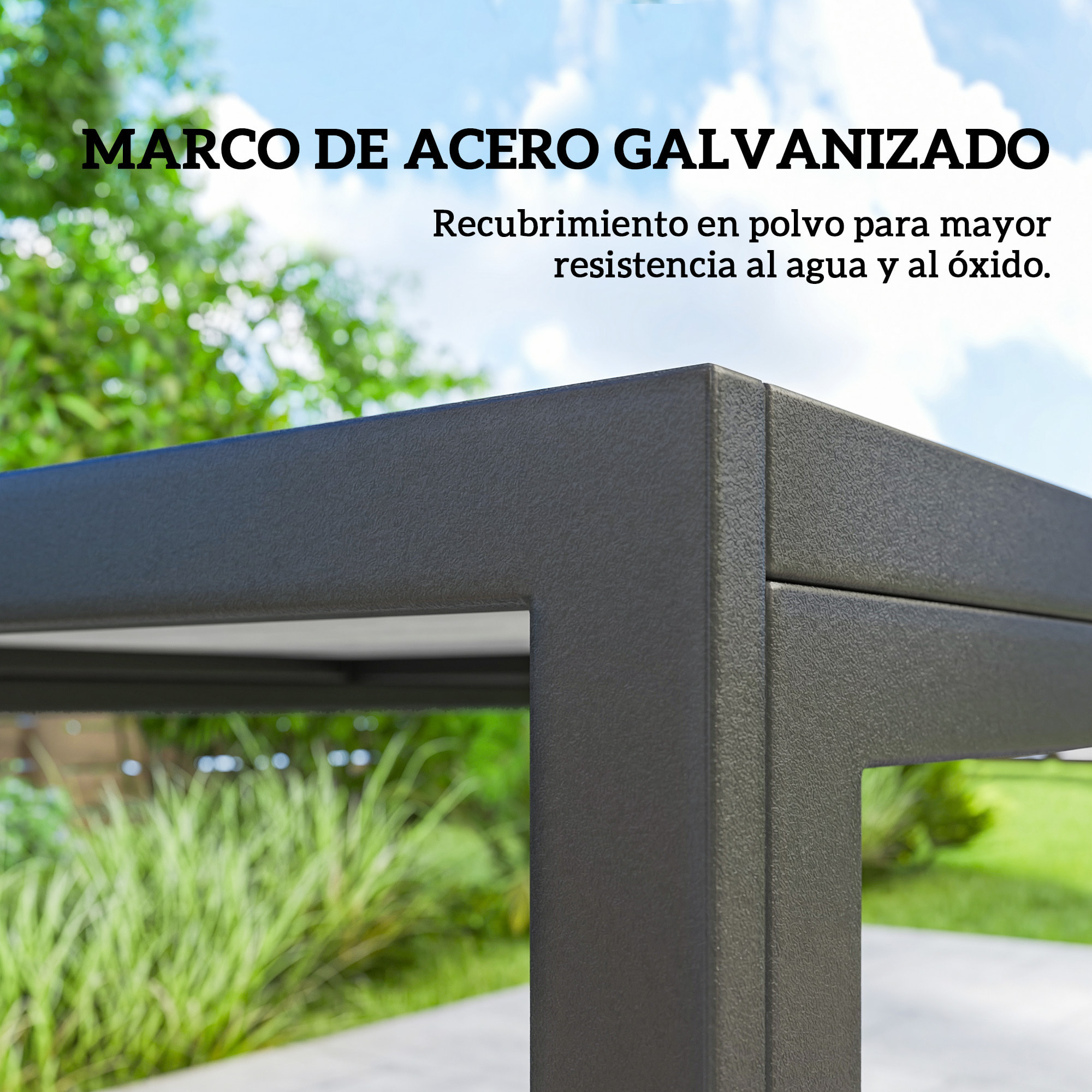 Conjunto de Mesa y Sillas Jardín de 7 Piezas, Muebles de Jardín Exterior con Mesa de Efecto Madera y 6 Sillas con Asiento Transpirable, Marco de Acero Galvanizado, para Terraza, Patio, Negro