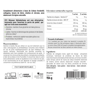 STC NUTRITION - Métabolisme GLP-1® - Complément Alimentaire Minceur - Gestion du Poids, Métabolisme des Graisses & Glycémie - Collagène, Choline, Chrome & Coleus - Arôme Citron - 20 Sachets