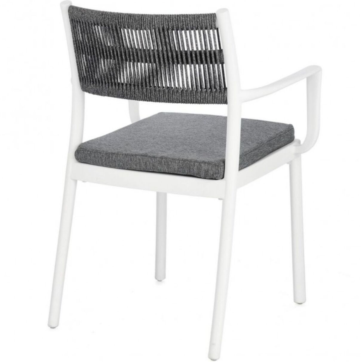 Set di 4 sedie ALVIN in polipropilene bianco e corda intrecciata grigio scuro, con braccioli