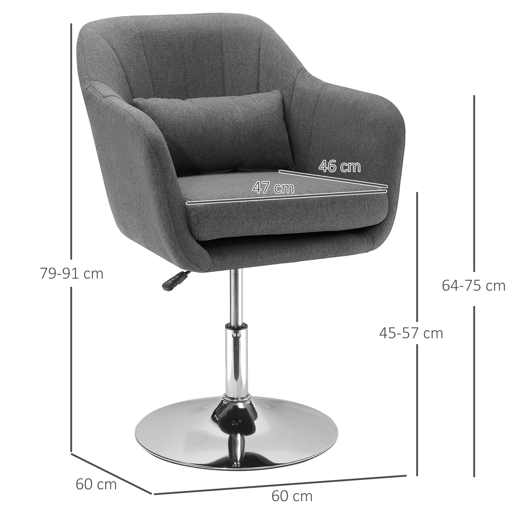 Fauteuil lounge design grand confort coussins lombaires hauteur réglable pivotant 360° piètement métal chromé lin gris