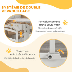 Barrière de sécurité pour chien extensible 74-80 cm, double verrouillage, fermeture automatique, barrière d'escalier à fixation par pression sans percer, hauteur 76 cm, blanc