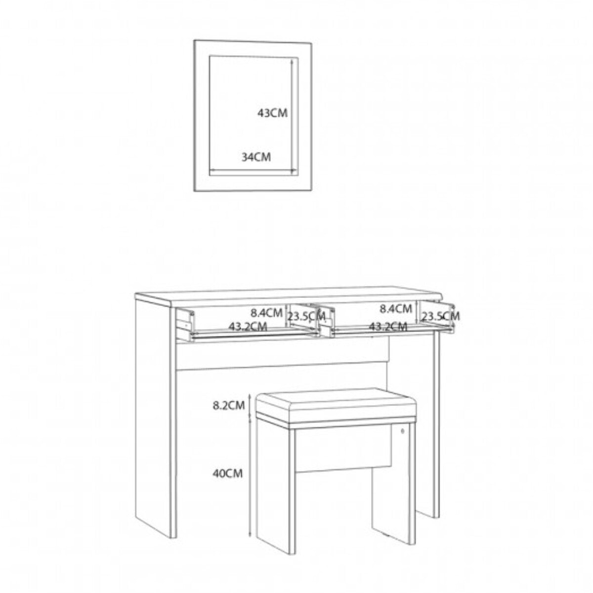 Ensemble coiffeuse en décor bois chêne avec miroir, table et banc - DAVID