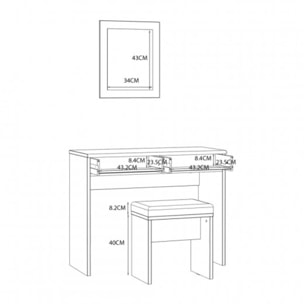 Ensemble coiffeuse en décor bois chêne avec miroir, table et banc - DAVID