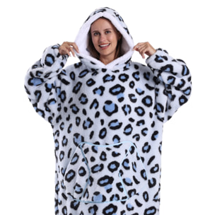 Bata estilo sudadera y manta de felpa extrasuave. Triple bolsillo frontal tipo canguro. Diseño leopardo blanco tipo corto.