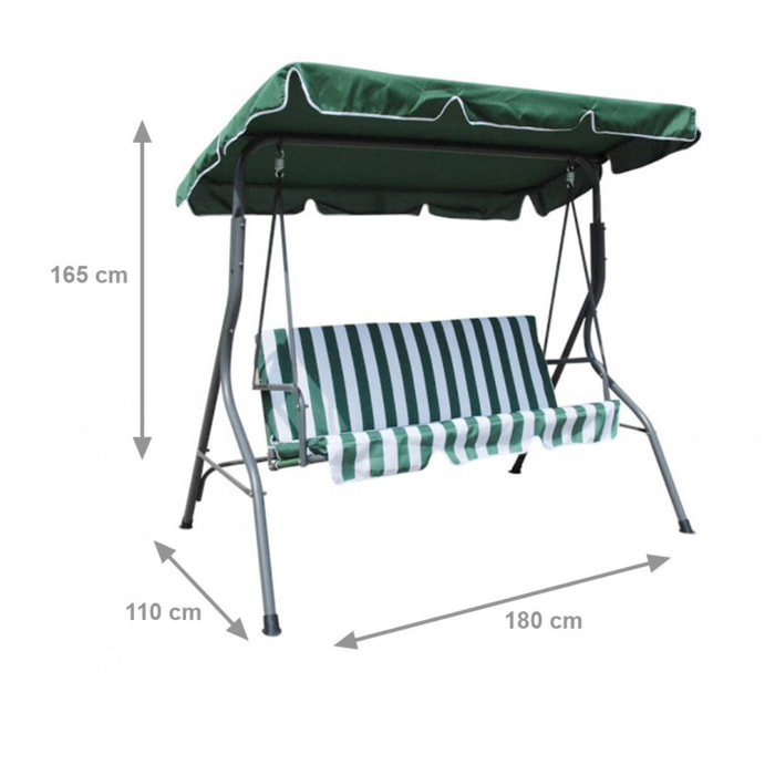 Altalena da giardino a 3 posti con baldacchino e cuscino, 110 x 180 x 165, Verde