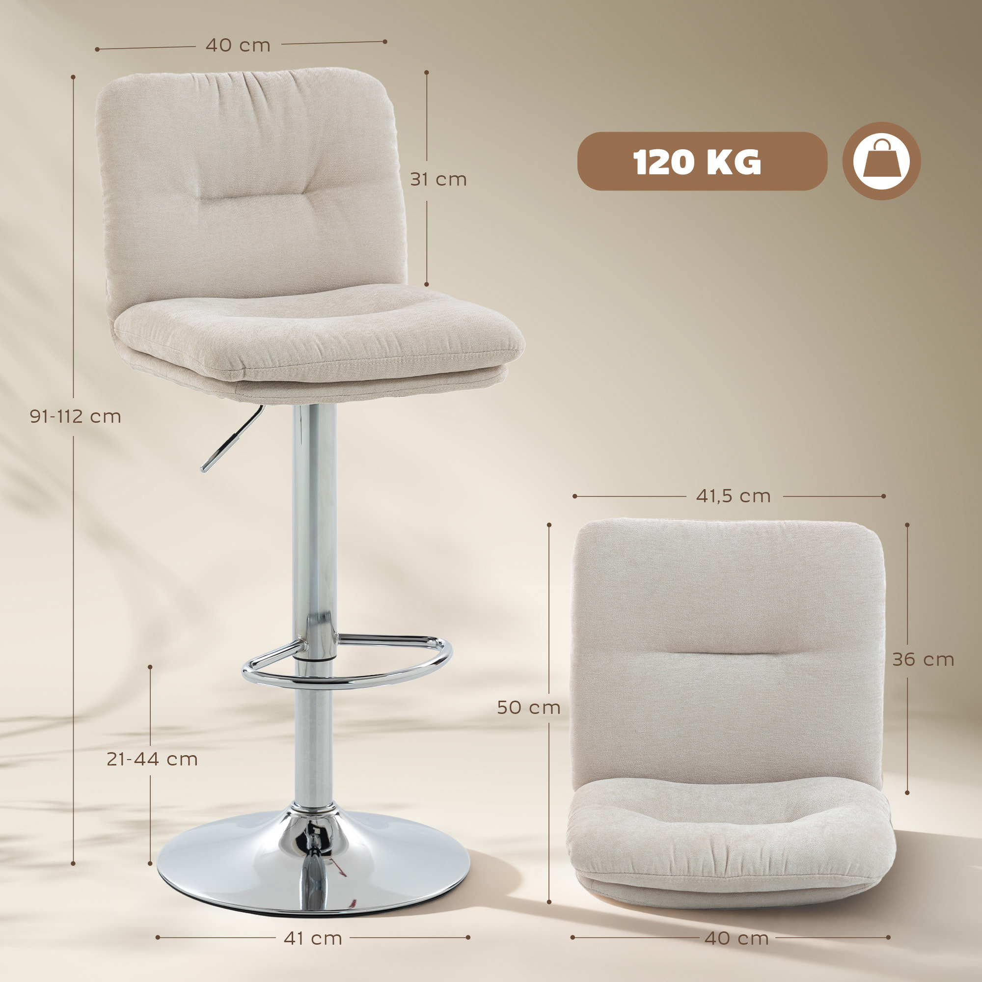 Juego de 2 Taburetes de Bar Giratorios, Taburetes Altos de Cocina Tapizados de Lino con Altura Ajustable 64-86 cm, Respaldo, Reposapiés, Asiento Acolchado y Base de Acero, Beige