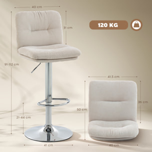 Juego de 2 Taburetes de Bar Giratorios, Taburetes Altos de Cocina Tapizados de Lino con Altura Ajustable 64-86 cm, Respaldo, Reposapiés, Asiento Acolchado y Base de Acero, Beige