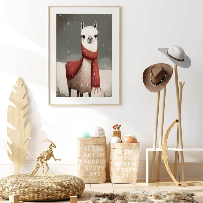 Affiche enfant lama sous la neige  Affiche + cadre en bois - Chêne