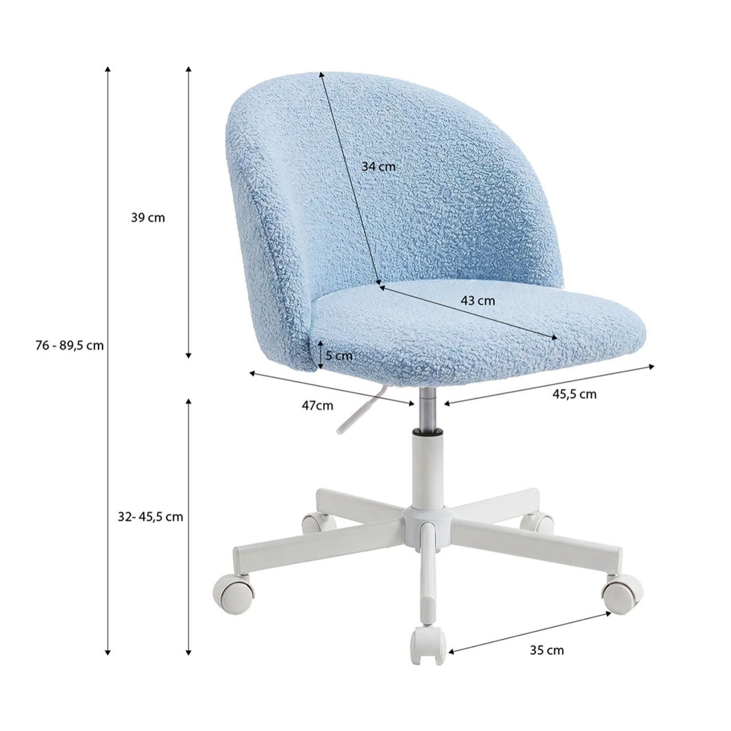 Silla de escritorio tapizada en borreguito azul claro 76-89,5 cm Candy Azul Claro