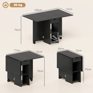 Table à manger pliable extensible 4 personnes - 2 abattants, 2 étagères, tiroir, roulettes - aspect bois noir