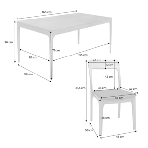 Table à manger ELENA rectangulaire en bois d'hévéa et placage frêne 160 cm. 6 chaises tissu noir. L 160 x P 90 x H 76cm
