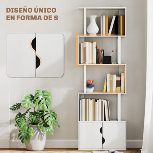Librería de 5 Niveles en Forma de S Estantería de Libros con 5 Estantes y 2 Puertas para Sala de Estar Oficina Estudio Dormitorio 60x23,8x179,2 cm Blanco