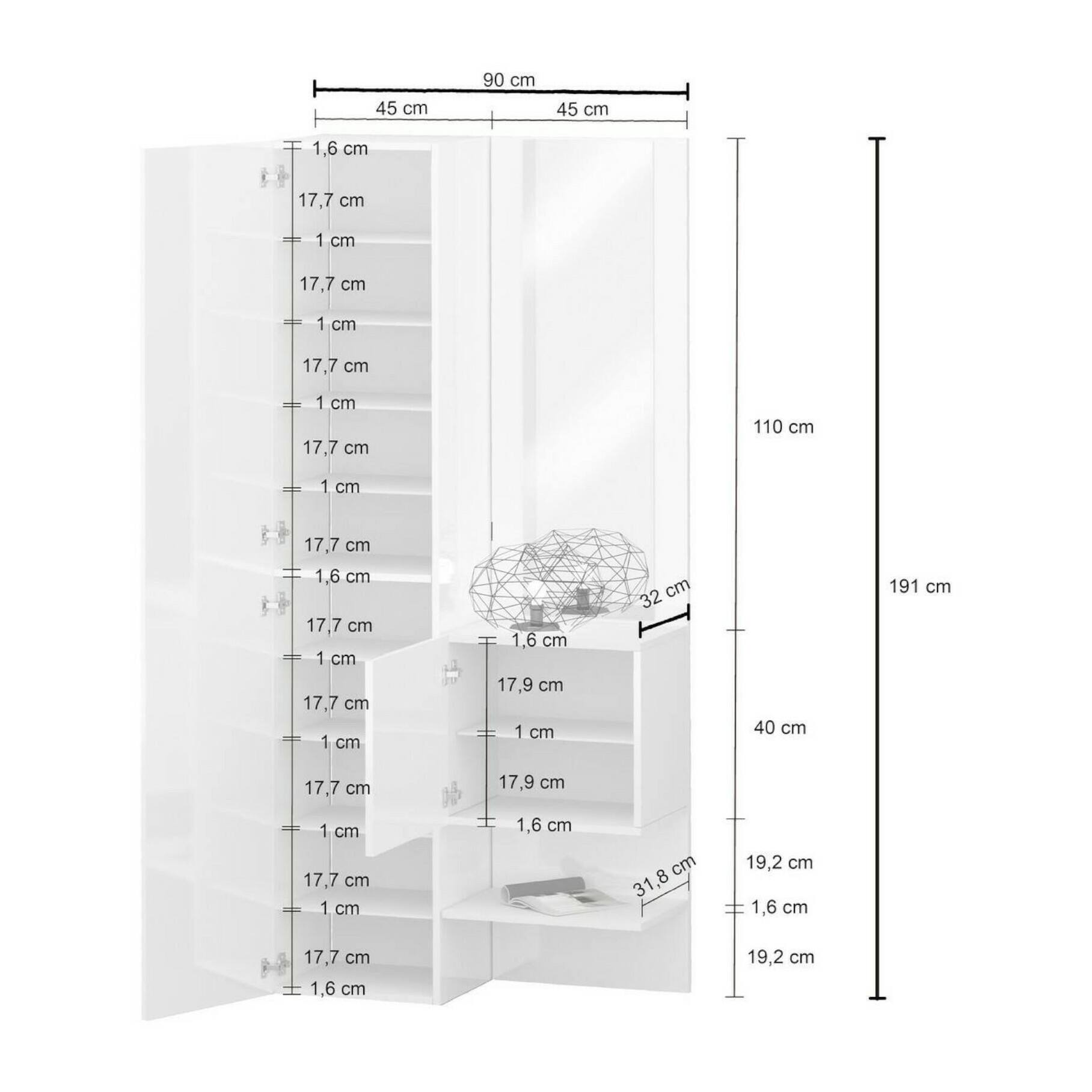 Mobile da ingresso Dcristant, Armadietto multifunzione a 2 ante, Mobile multiuso con specchio, 90x35h190 cm, Bianco