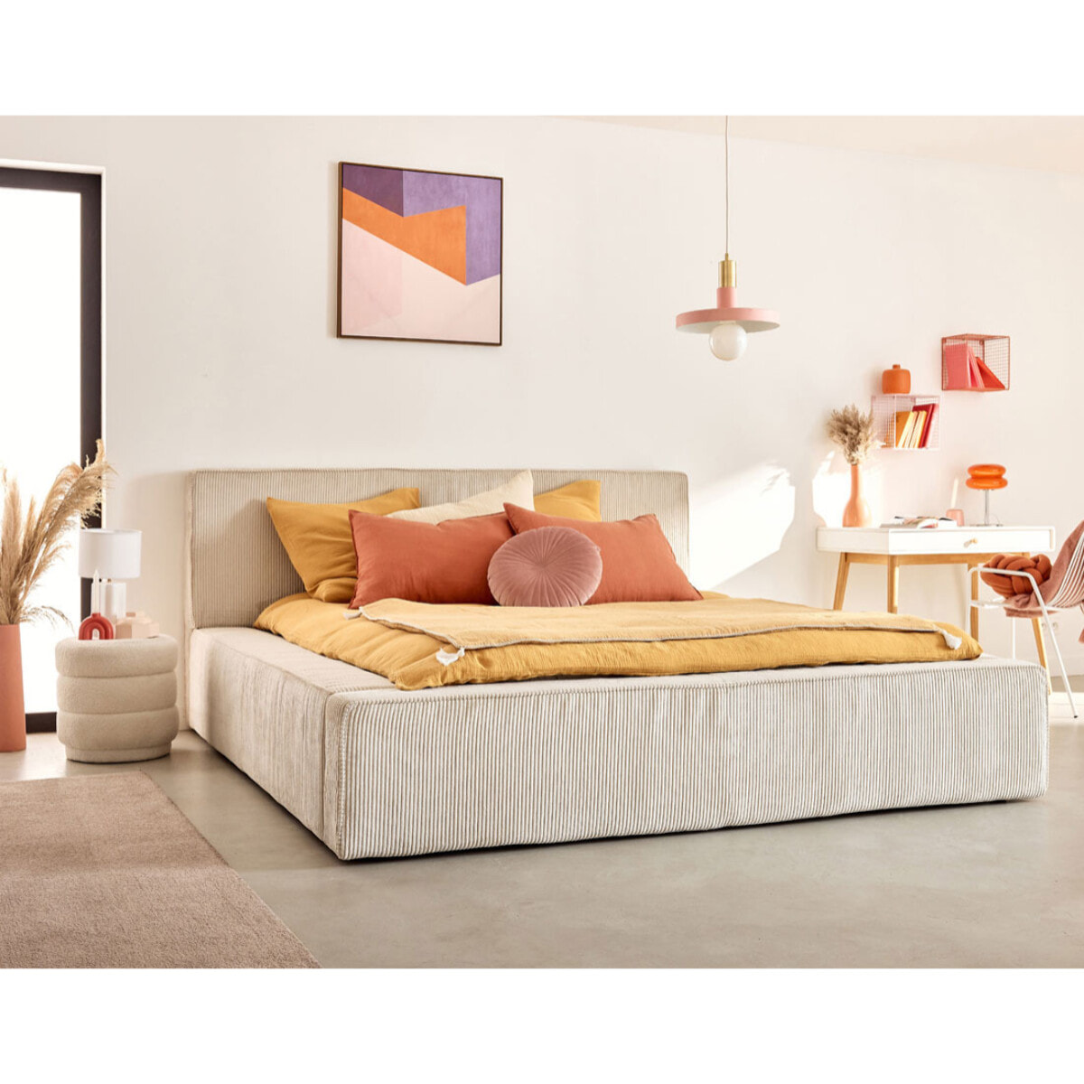 Topaze - lit coffre - 160x200 cm - sommier inclus - velours côtelé - Beige