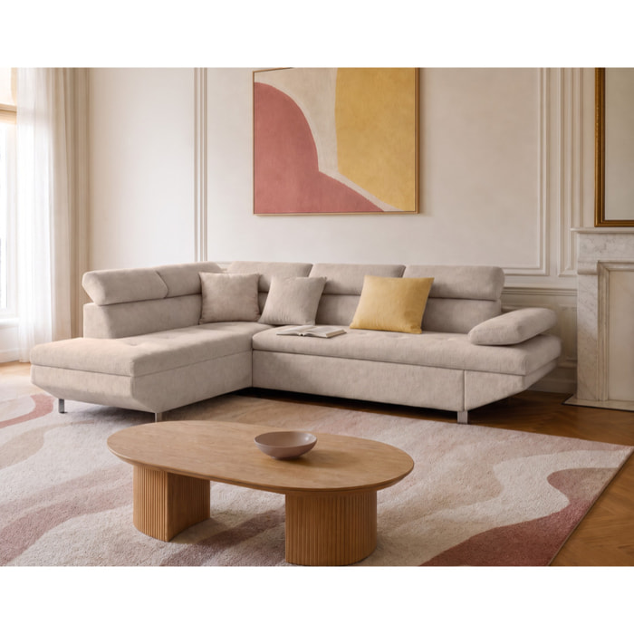 Margaux - Canapé d'angle gauche 5 places convertible avec coffre et têtières réglables en velours texturé - Beige
