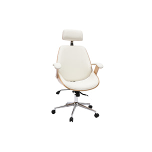 Fauteuil de bureau de direction design blanc, bois clair et acier chromé MUSK