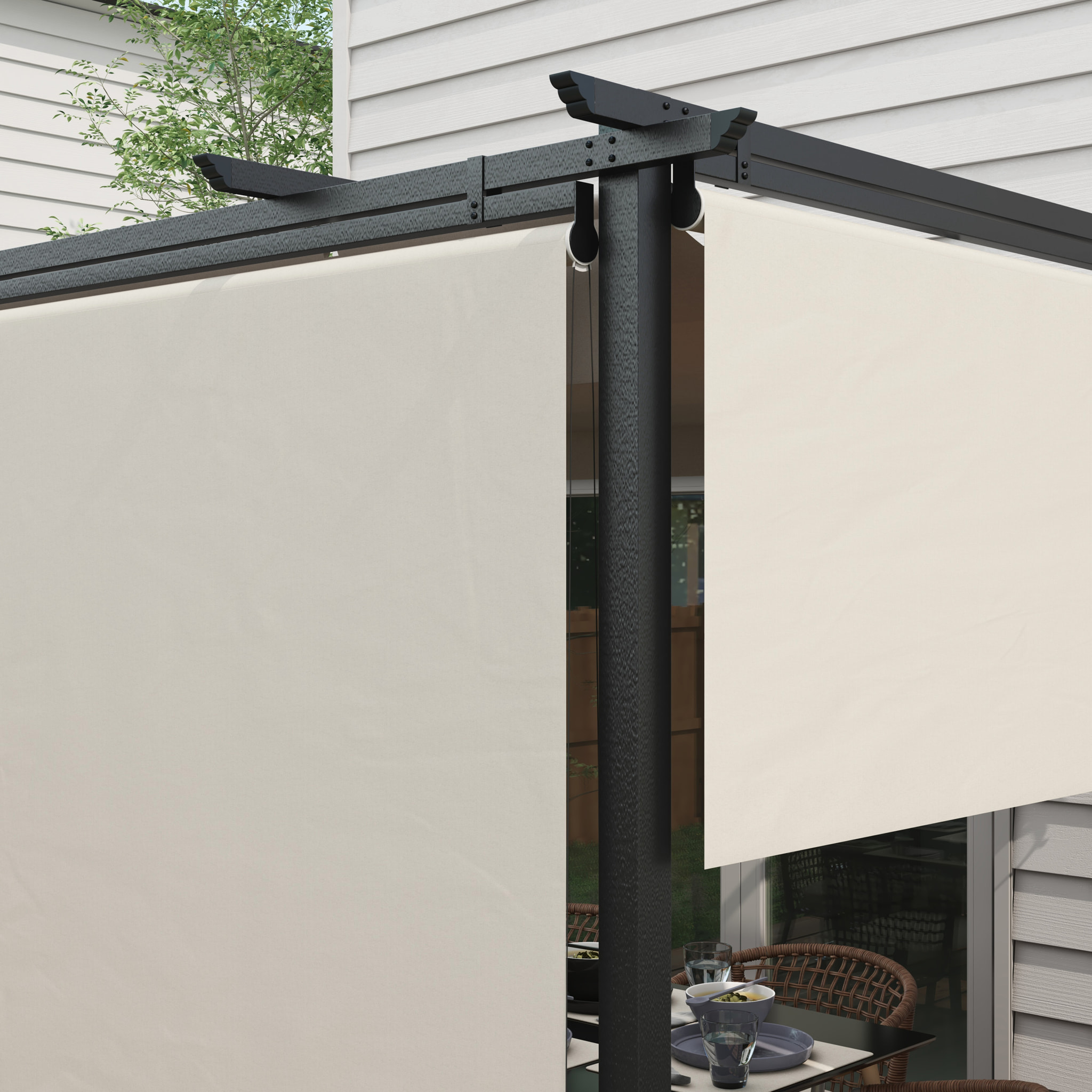 Pérgola de Jardín 4x3 m Cenador para Exterior con Techo Retráctil 4 Cortinas Enrollables de Poliéster y Marco de Metal para Patio Terraza Crema