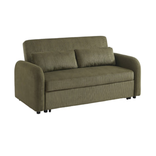 Canapé convertible arrondi 2 places velours côtelé kaki L 168 x P 90 x H 88cm - Lino