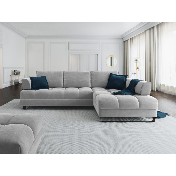 Canapé d'angle droit convertible avec coffre de rangement "Clinton" 5 places en velours gris clair