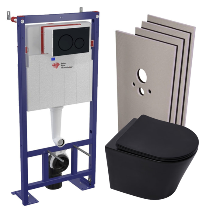 Pack WC bâti-autoportant + WC Infinitio noir mat + Abattant + Plaque + Set d'habillage