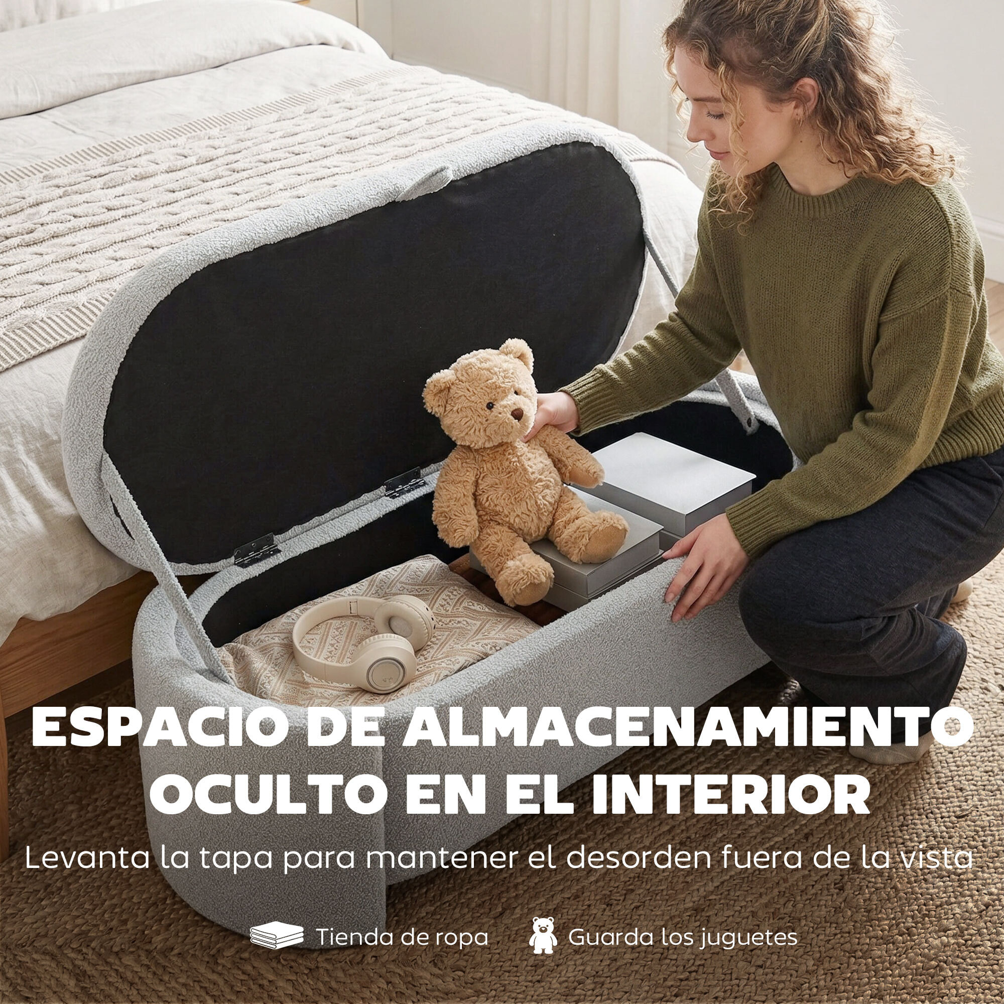 Puff Almacenaje, Banco Almacenaje Ovalado, 129x48,5x44 cm, Tapizado en Terciopelo de Teddy, Baúl de Almacenamiento, Carga 200 kg, Taburete para Sala de Estar, Dormitorio, Entrada, Gris Claro