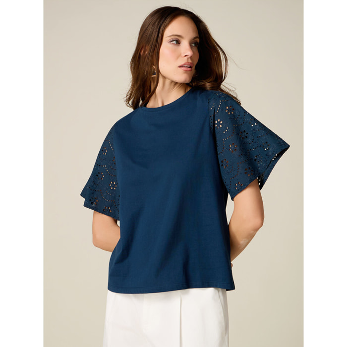 Oltre - T-shirt con maniche in sangallo - Blu