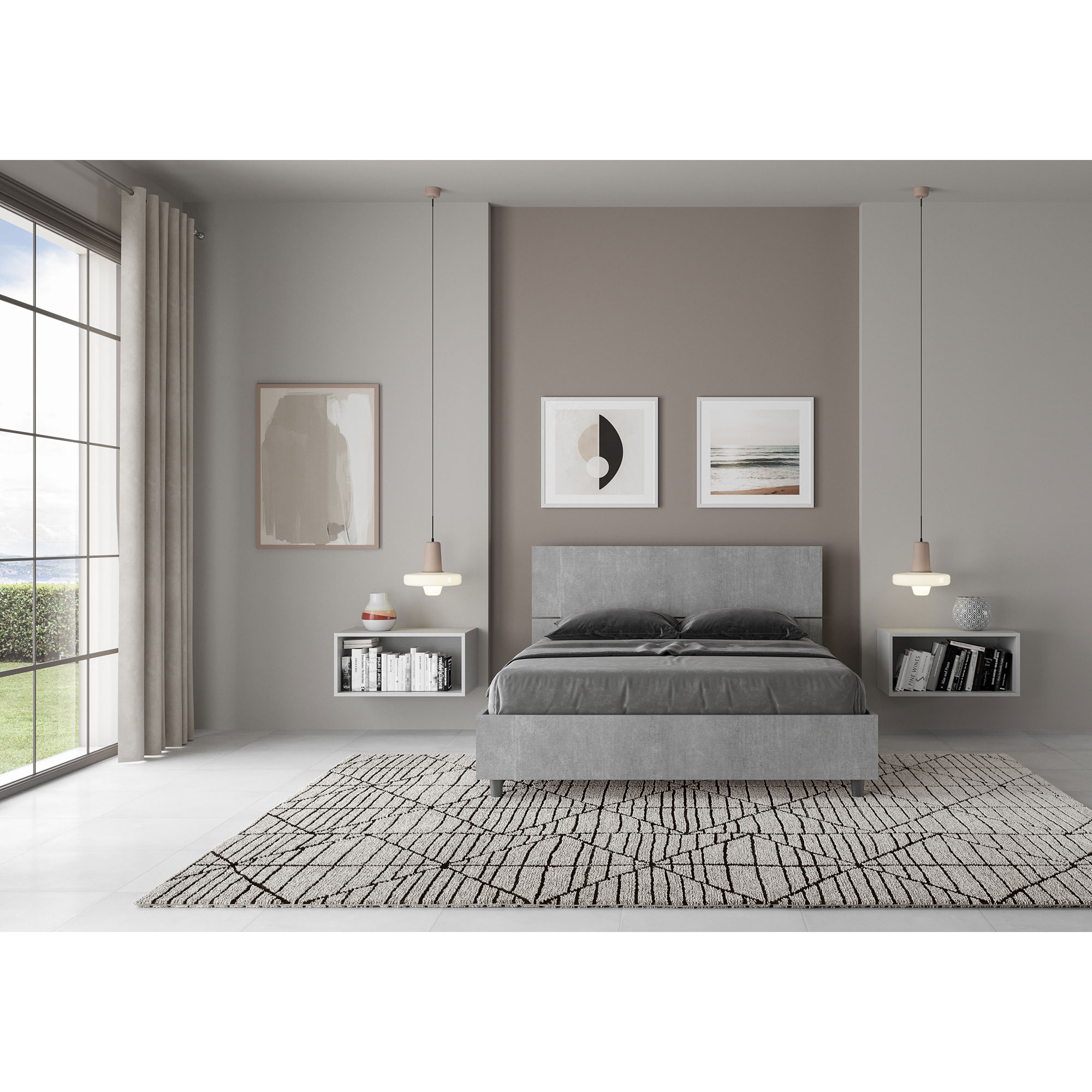 Lit double sans sommier 140x200 tête de lit inclinée gris béton Demas