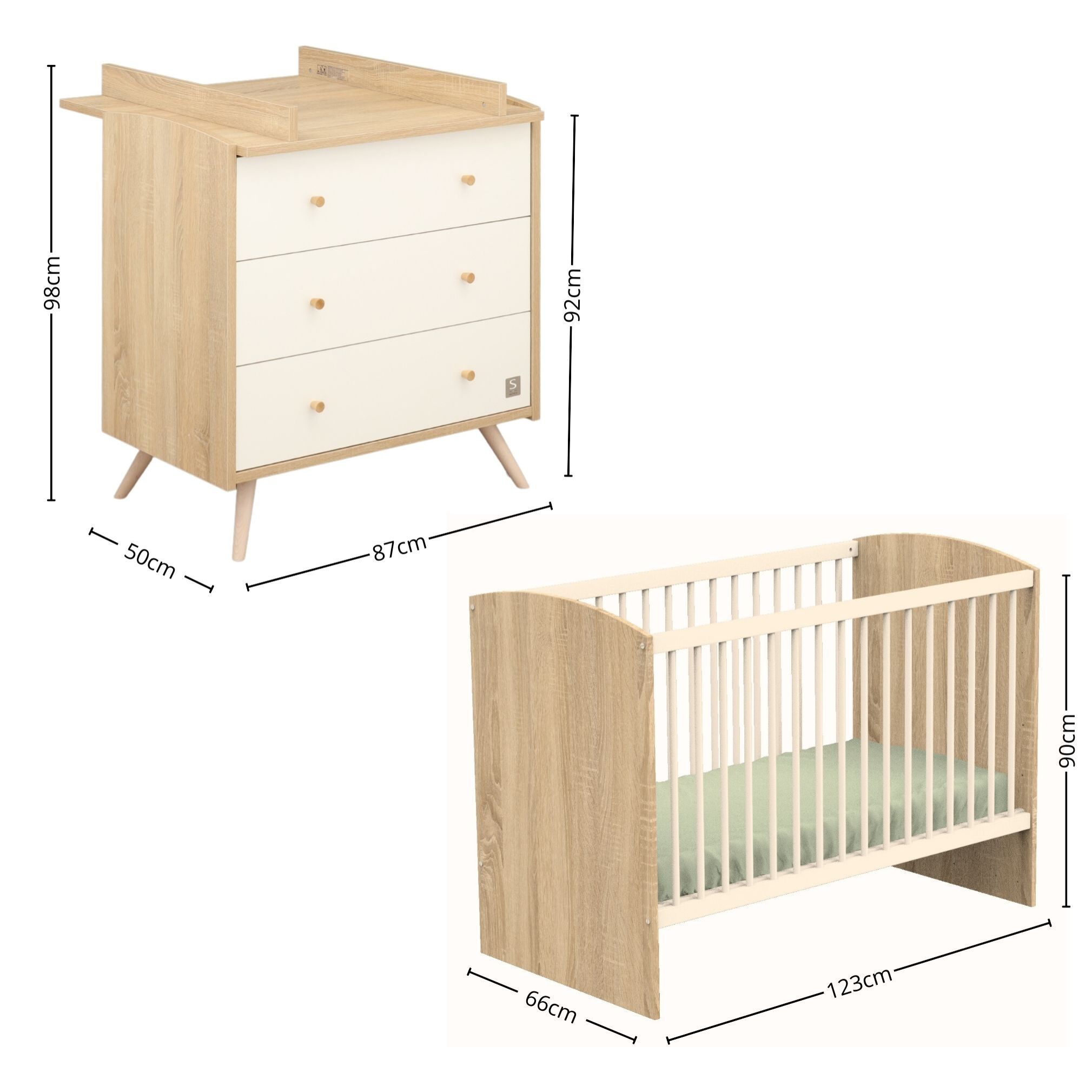 Chambre bébé complète Access, Lit 120x60 et Commode à langer - Chêne doré