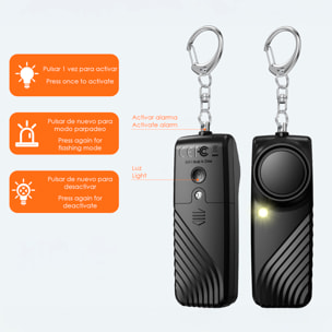 Alarma SOS personal con luz LED brillante y sonido de 130dB. Pila AAA incluida y activación rápida por tirón de anilla.
