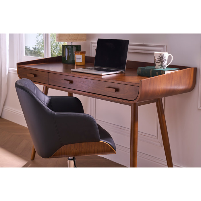 Chaise de bureau à roulettes design noir, bois foncé noyer et acier chromé SANDRO