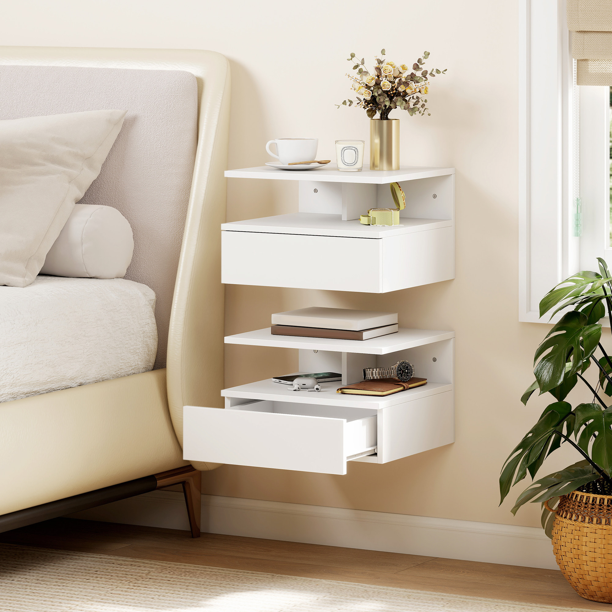 Juego de 2 Mesitas de Noche Flotantes con Cajón, Mesillas de Noche Dormitorio, Montado en la Pared, Estilo Moderno, para Sala de Estar, 35x32x22,5 cm, Blanco