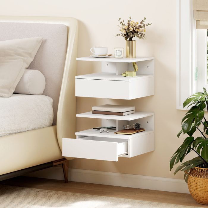 Juego de 2 Mesitas de Noche Flotantes con Cajón, Mesillas de Noche Dormitorio, Montado en la Pared, Estilo Moderno, para Sala de Estar, 35x32x22,5 cm, Blanco