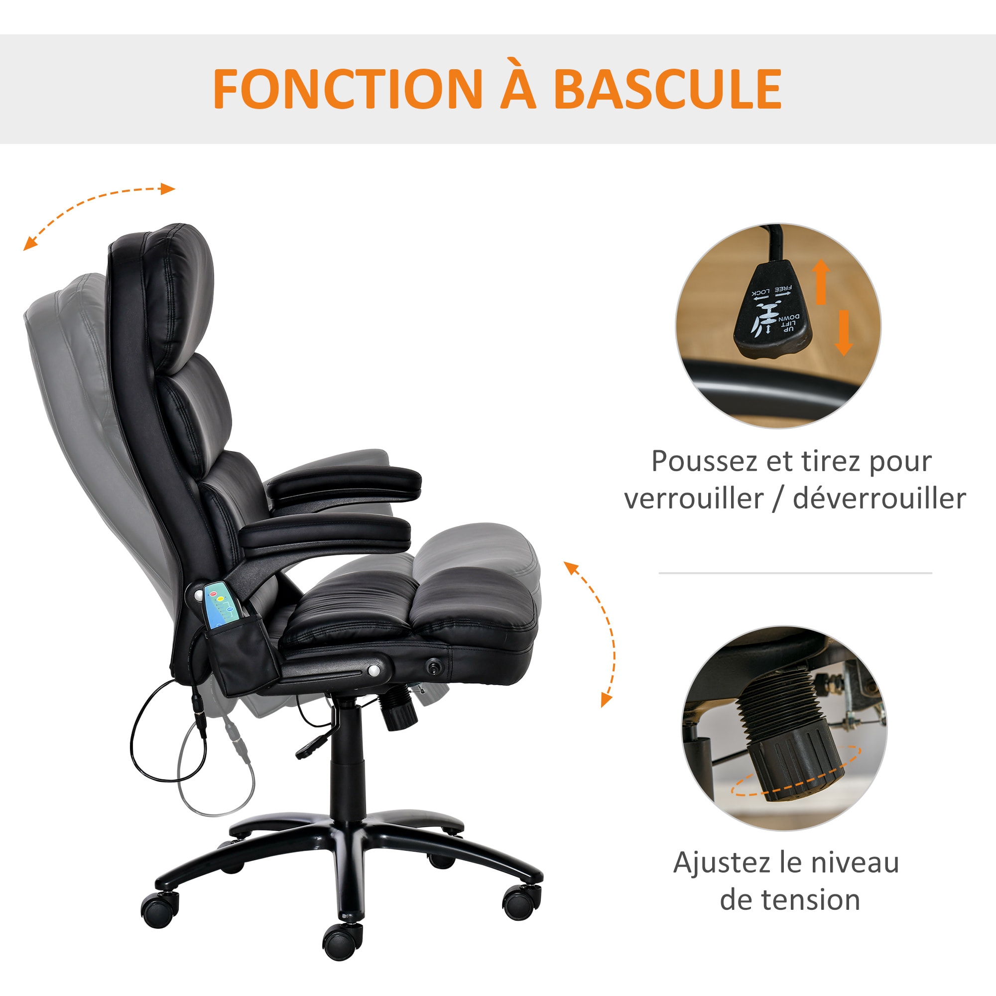 Fauteuil de bureau direction massant 6 points inclinable réglable synthétique noir