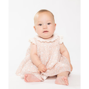 Vestido corto estampado flores rosas, tira bordada en el cuello y las sisas