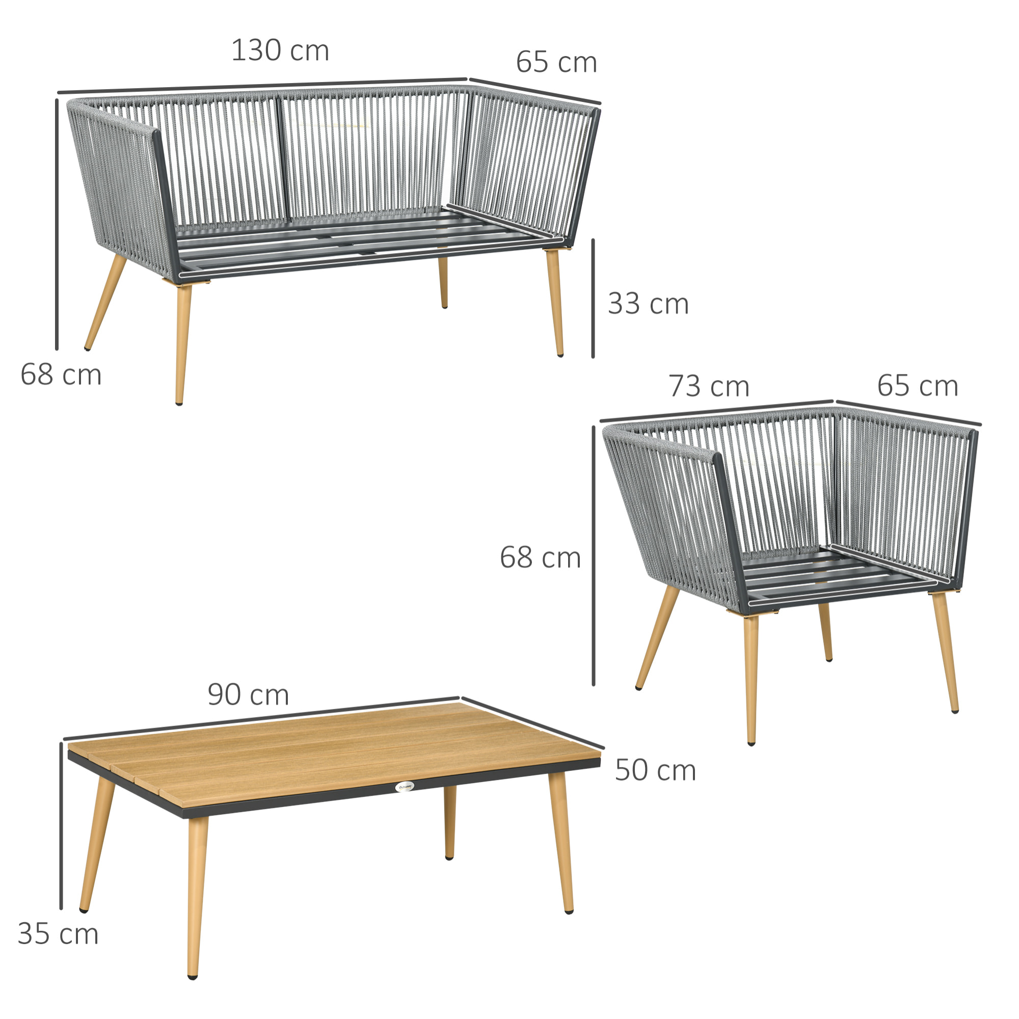 Juego de Muebles de Jardín de Ratán 4 Piezas Juego de Conversación Incluye Sofá de 2 Plazas 2 Sillones y Mesa de Centro de Tablero de Madera y Plástico Cojines para Terraza Patio Gris