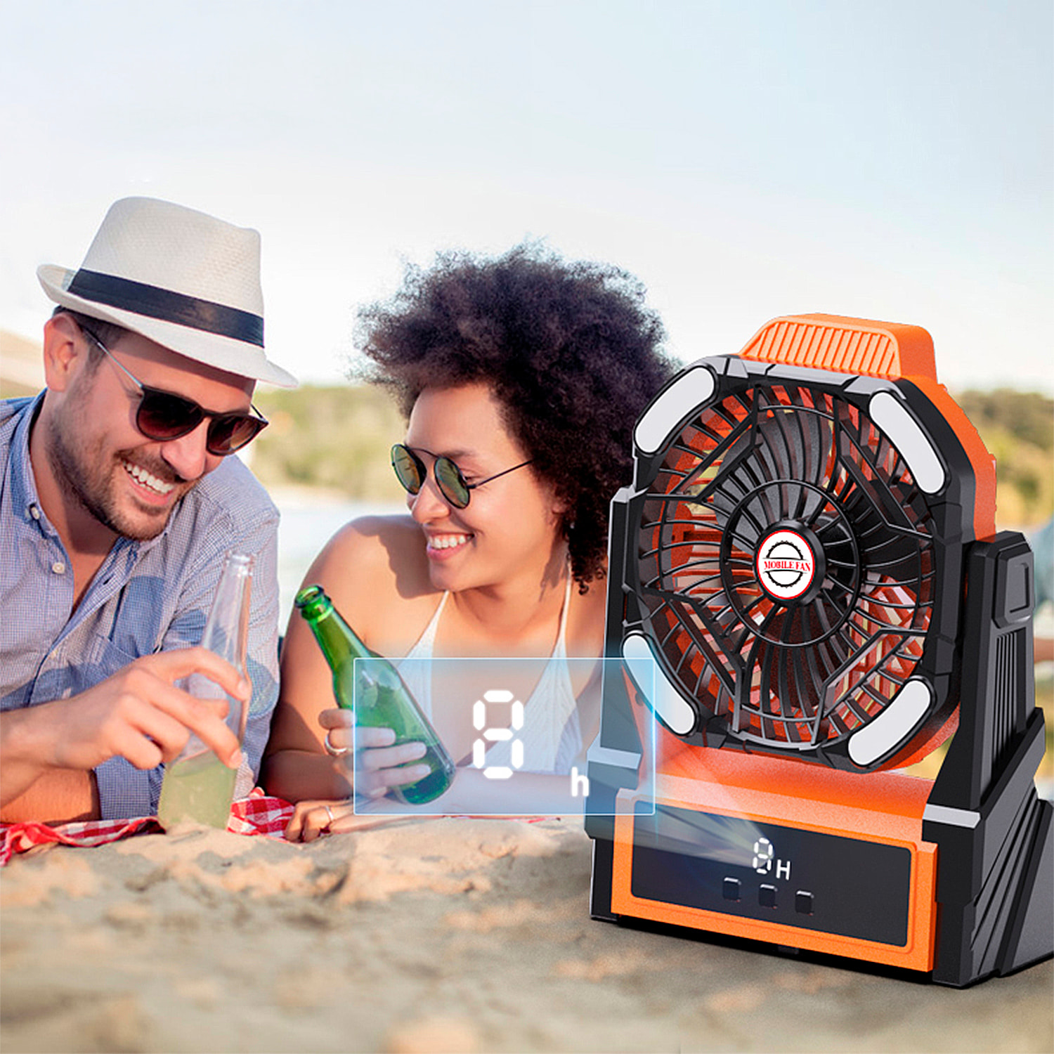 Ventilador A16 con motor sin escobillas, LED con 32 luces, 4 velocidades, 3 niveles de luz y temporizador. Ángulo ajustable de 90º con gancho para colgar y powerbank de 10000 mAh.