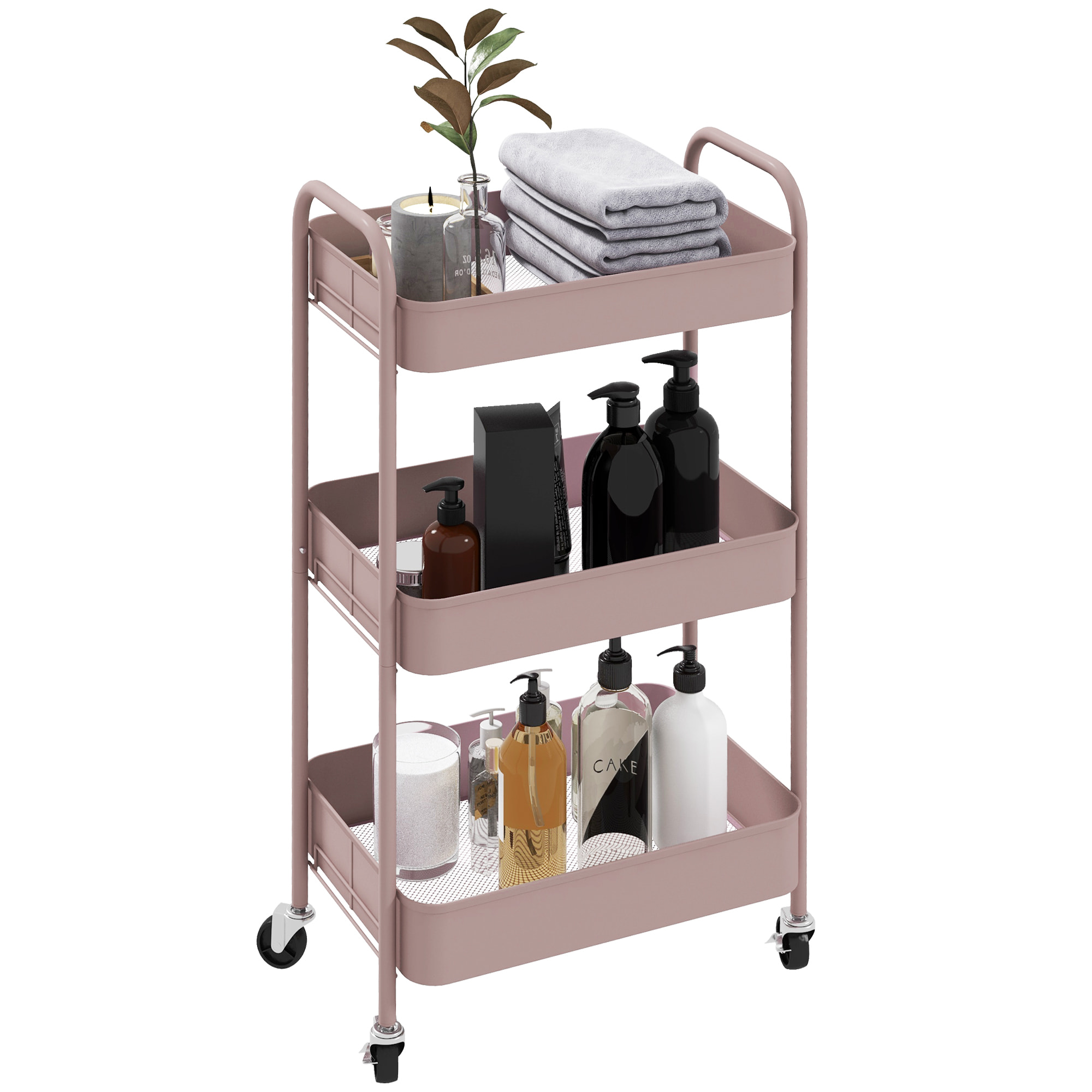 Carrito Auxiliar con Ruedas Carrito de Almacenamiento con 3 Cestas y Marco de Acero para Salón Dormitorio Oficina Cocina 45x30,6x79 cm Rosa