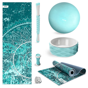 Pack accesorios yoga azul FITFIU esterilla, bola, rueda, barra, correa