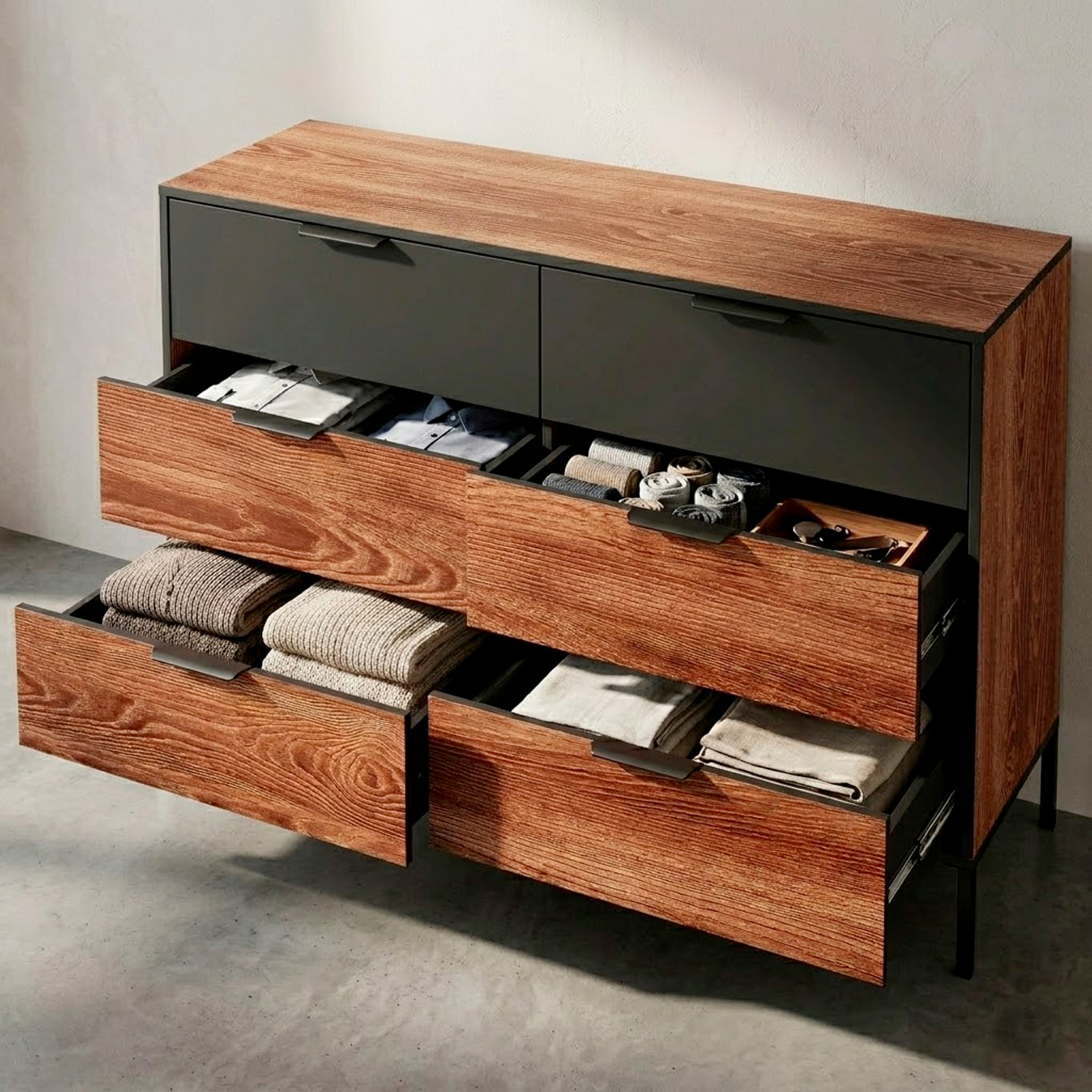 Cassettiera 6 Cassetti Soft Close Per Camera Da Letto Cameretta Design Moderno Con Piedini In Metallo 137.3 x 81.4 x 39.5 Cm Castagno E Antracite