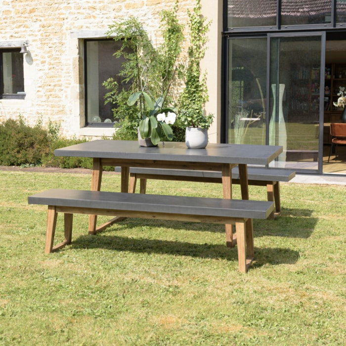HECTOR - SALON DE JARDIN HOUSTON - RÉSINE EFFET BETON ET ACACIA 4/6 pers. - 1 table rectangulaire 180*90cm et 2 bancs