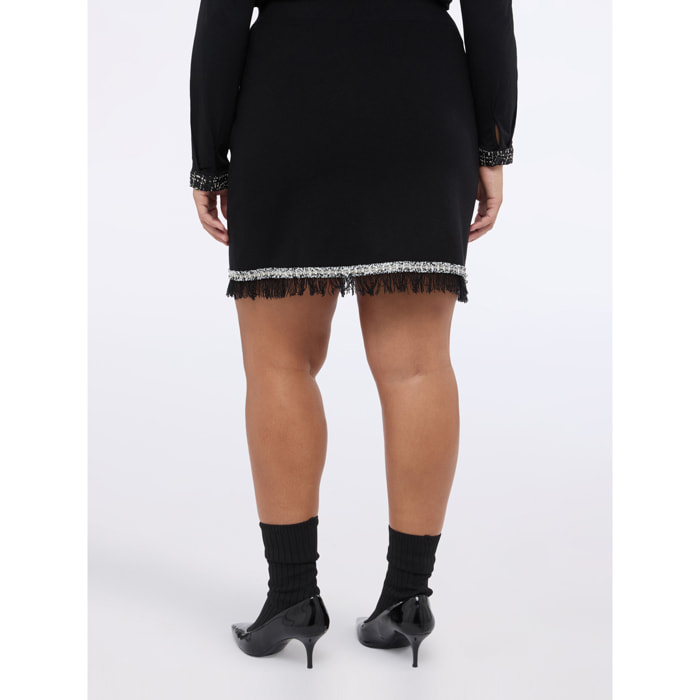Fiorella Rubino - Falda tubo corta de punto con flecos - Negro