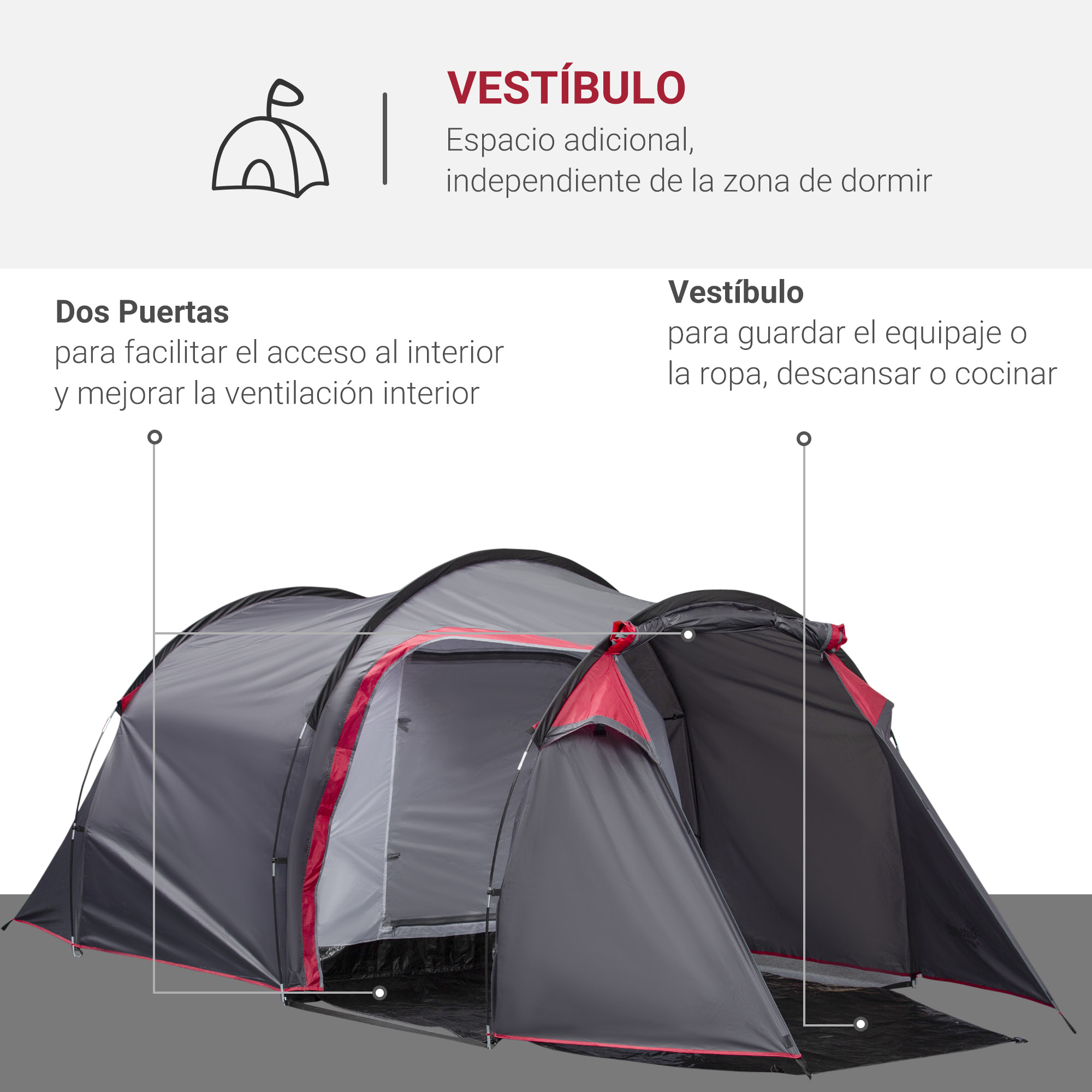 Tienda de Campaña Familiar 2-3 Personas Plegable Impermeable 2000+ mm a Prueba de UV 20+ con Vestíbulo y 4 Estaciones para Camping Senderismo Festivales 426x206x154 cm Gris Oscuro