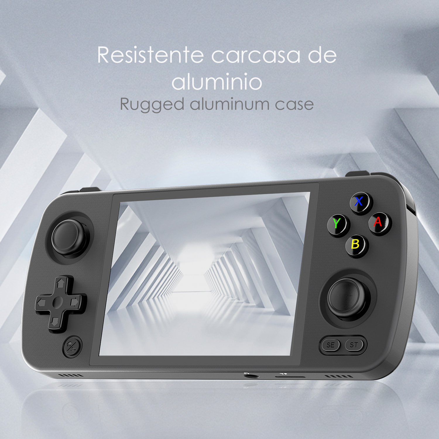 DAM Consola emulador multiplataforma RG405M. Pantalla táctil 4" IPS; Android 12, Octa-Core 2,0GHz, WiFi, 128GB. +3000 juegos. 16,3x7,6x1,6 Cm. Color: Negro