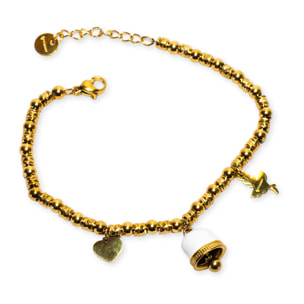 Bracciale in Acciaio Gold a sfere con charms bianco e strass