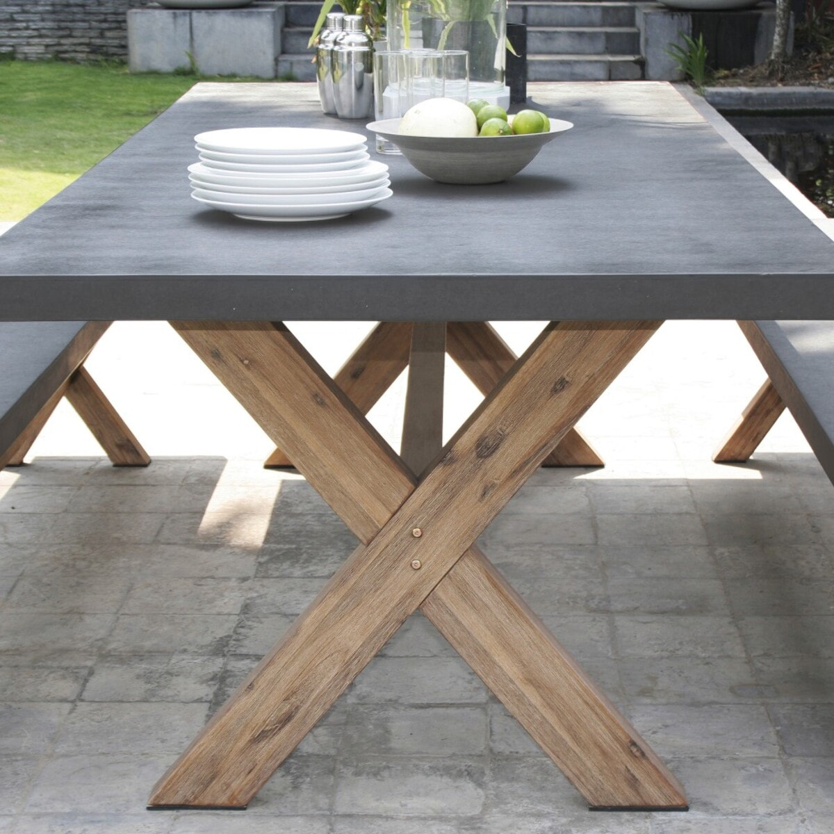 HECTOR - SALON DE JARDIN EN FIBRE DE BETON ET ACACIA 8 pers - Ensemble jardin - 1 Table rectangulaire 200*100 cm et 2 bancs