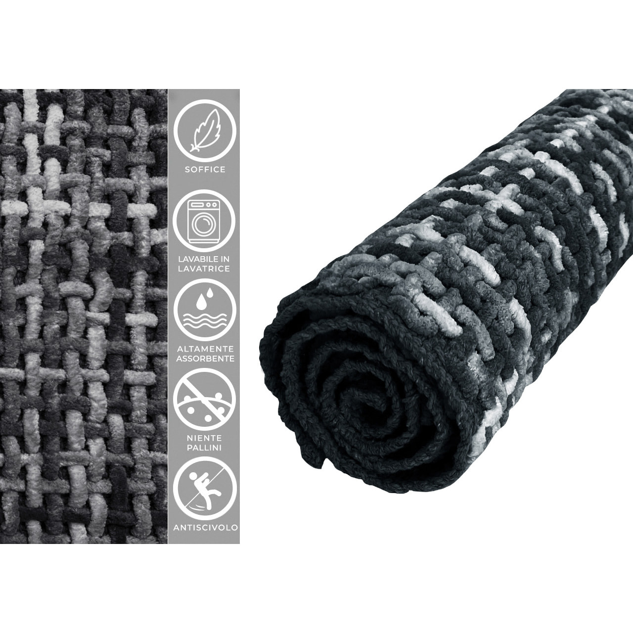 Tappeto Bagno Doccia Antiscivolo Super Assorbente Modello Plot Nero